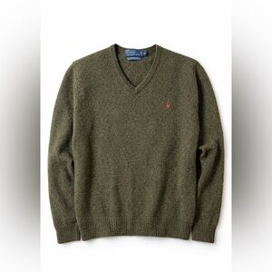 100% Lambswool Polo Ralph Lauren Men’s V-Neck Sweater Olive Green XL